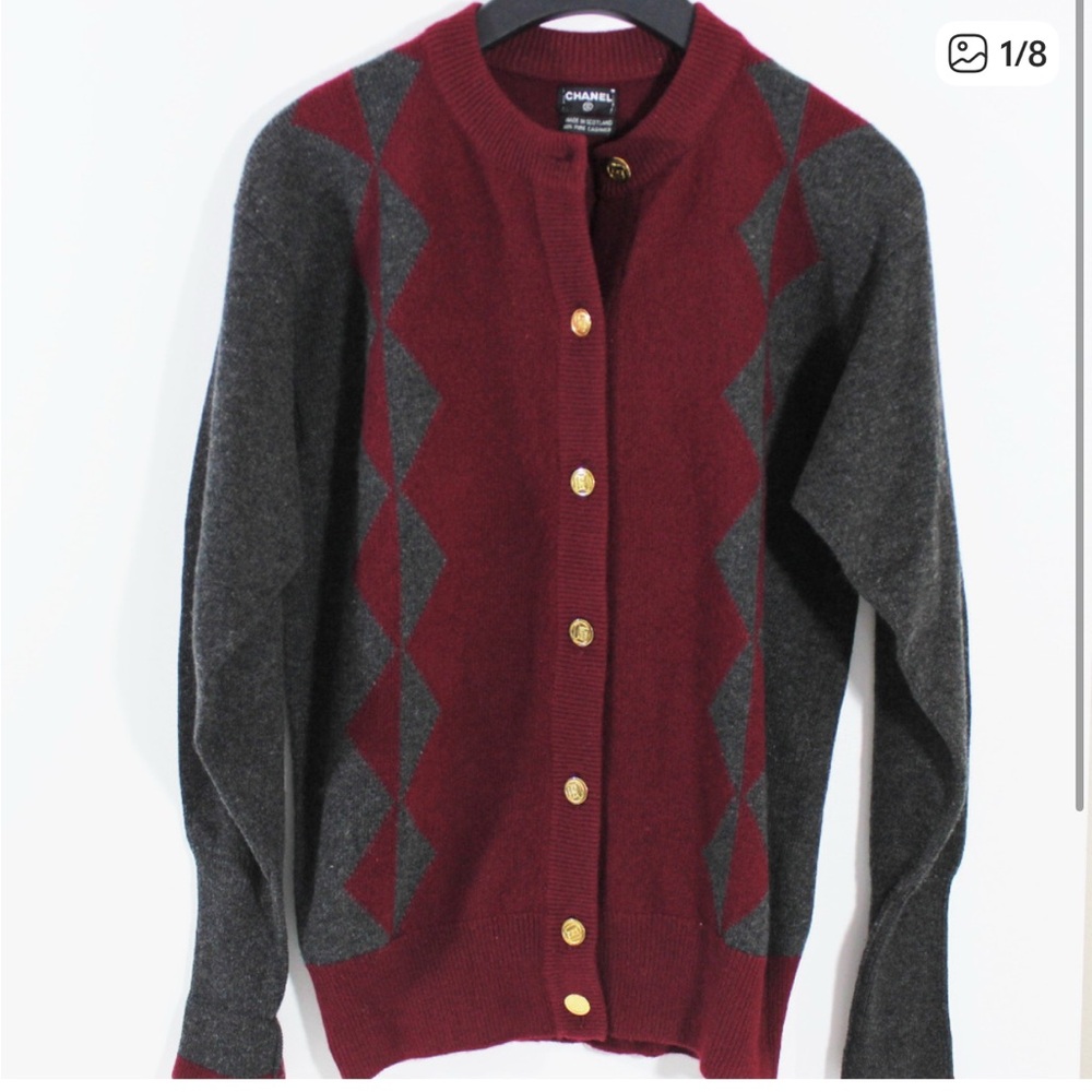 Chanel Burgundy and Charcoal Cashmere Cardigan